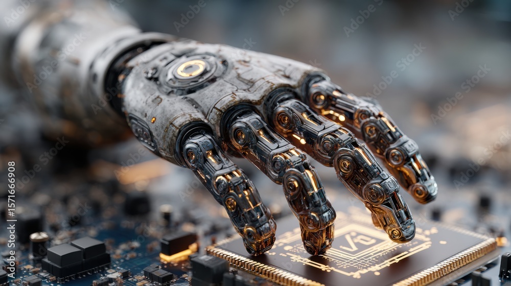 Poster a detailed robotic hand extends towards a computer chip, showcasing intricate designs and lighting i