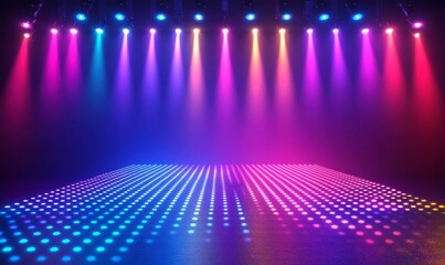 A lit stage with a multi-colored background.