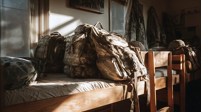 Sunlit military backpacks rest on bunk beds in a rustic room, awaiting deployment or a journey. - Powered by Adobe