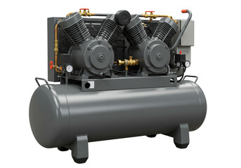 A gray industrial air compressor with two cylinders on a white background in a studio shot