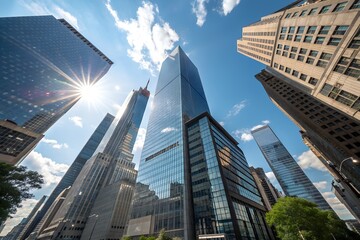 Sunburst through modern skyscrapers against a blue sky with clouds