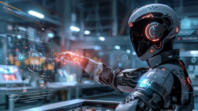 Futuristic robotic figure interacts with holographic human representation in a sleek, modern research laboratory. - Powered by Adobe