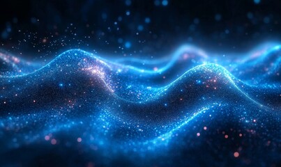 Blue glittering wave particle background.