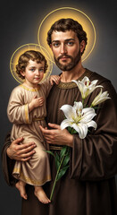Saint Joseph Statue, Child Jesus, Lilies, Religious Art, Fatherly Love, Christian Faith, Holy Family