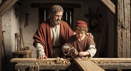 Saint Joseph of Nazareth teaches Jesus Christ about carpentry. Father's Day. Saint Joseph the Worker.
