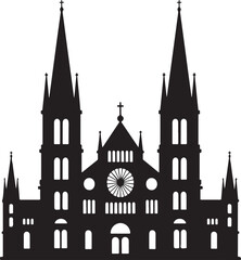 Gothic cathedral facade with twin spires and rose window silhouette