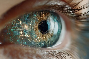 Close up view of a human eye reflecting a digital overlay of circuitry and urban landscape, illustrating the fusion of biology and technology