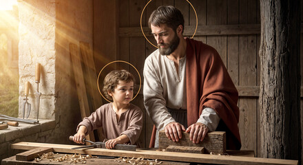 Saint Joseph of Nazareth teaches Jesus Christ about carpentry. Father's Day. Saint Joseph the Worker.
