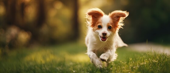 The playful Papillon dog happily running through a sunlit grassy field.
