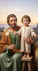 Saint Joseph Statue, Child Jesus, Lilies, Religious Art, Fatherly Love, Christian Faith, Holy Family