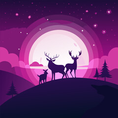 Composition of a circle an with elk staying on the top of the mountain