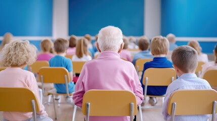 Obraz premium Back view of a man in a vest sits and studying at a desk surrounded of a group of children in a classroom. Education in any age concept