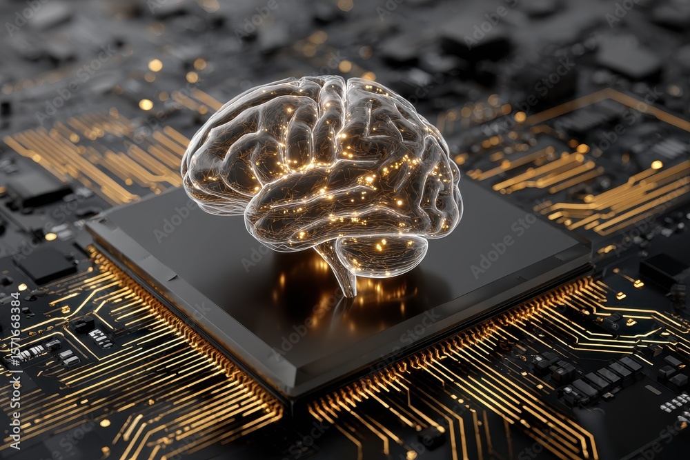 Poster integration of artificial intelligence concepts showcased with a transparent brain model over a circ