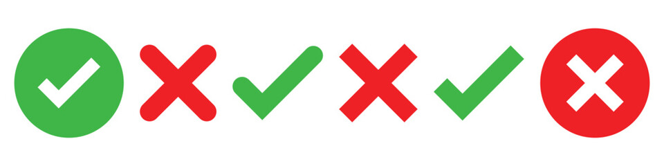 Green check mark, red cross mark icon set. Vector illustration.