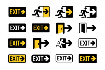 Collection of enter and exit signs with people and arrows in black and green on a white background