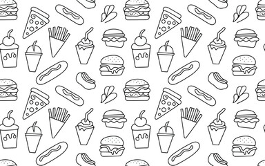 This image is a seamless black and white pattern composed of various fast-food items like burgers, pizza slices, hot dogs, fries, and milkshakes.