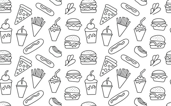 This image is a seamless black and white pattern composed of various fast-food items like burgers, pizza slices, hot dogs, fries, and milkshakes. 
