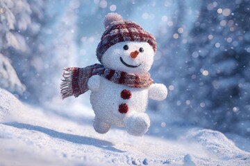 Energetic snowman joyfully running through a snowy forest landscape during winter, celebrating the holiday season with a cheerful spirit and vibrant colors
