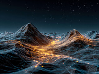 Futuristic digital landscape of illuminated mountain range at night