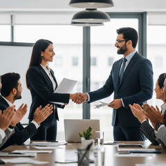 business people shaking hands in meeting. Boss praising proud Indian female employee. congratulating with corporate success, handshaking, express appreciation and recognition, colleagues clap hands.