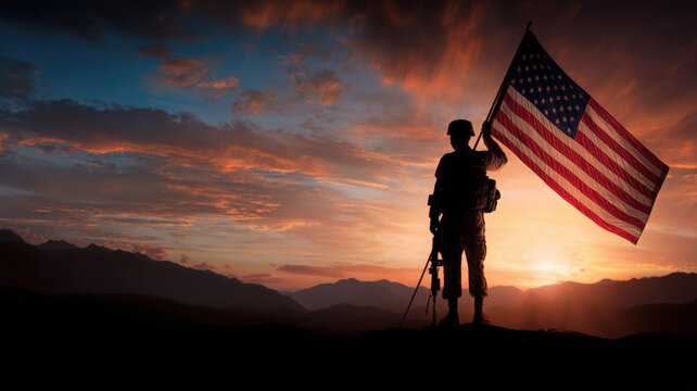 Soldier holding USA flag against a stunning sunrise, symbolizing patriotism and national pride during holidays