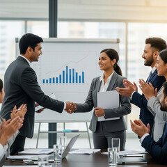 business people shaking hands in meeting. Boss praising proud Indian female employee. congratulating with corporate success, handshaking, express appreciation and recognition, colleagues clap hands.