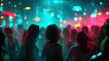 A group of individuals is seen dancing and socializing under colorful lights in a bustling nightlife environment. The atmosphere is electric, filled with laughter and music.