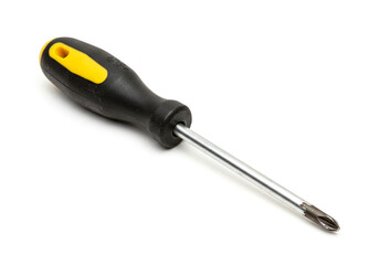 Isolated close up of a head screwdriver with black and yellow handle on white background