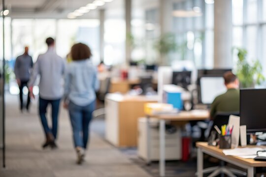 Blurred office scene with people walking past desks and computers