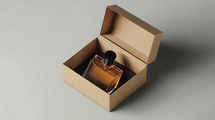 An elegant golden bottle rests securely inside a simple, open cardboard box on a soft gray surface