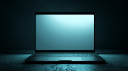 A portable neon computer with blank screen and a desk in a dark room with blue lighting. Striking image featuring a laptop with neon blue light on a digital grid, symbolizing cutting-edge technology.