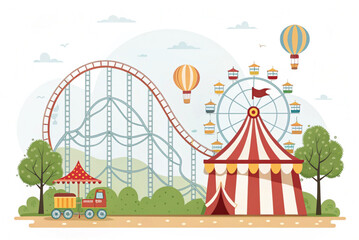  of a cartoon house with a roof. Carnival funfair, amusement park with circus tent, roller coaster, carousel and ferris wheel. Vector cartoon illustration of summer landscape with attract