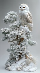 a snowy owl perched atop a snow-covered tree.