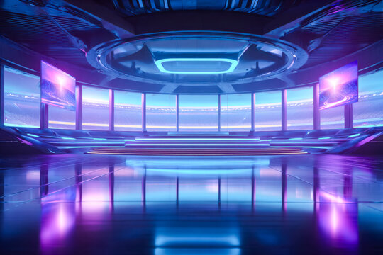 Futuristic digital stage with vibrant neon lighting and curved screens in a high-tech setting