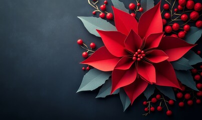 a close-up of a red poinsettia with berries and leaves.