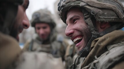 Fototapeta premium Smiling soldiers share a joyful moment amidst a gritty, wartime setting.