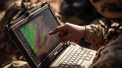 A person's hand pointing at a map displayed on a rugged laptop computer.