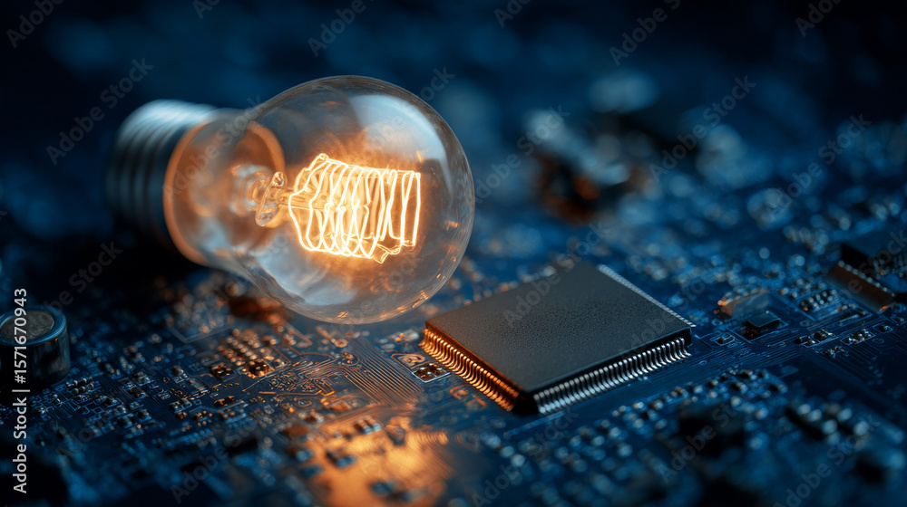Poster abstract digital ai chip and lightbulb on technology blue background. artificial intelligence innova
