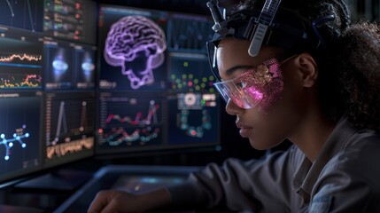 Woman using neurotechnology glasses analyzing brain scans displayed on screens in a futuristic laboratory