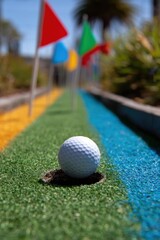 Obraz premium Mini golf course featuring colorful flags and a golf ball in the foreground on a sunny day