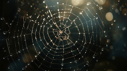 Naklejka premium Glowing Spiderweb Adorned with Luminous Dew Drops, Captured in a Cinematic Close-Up Against a Dark Background, Evoking Mystery and Natural Beauty