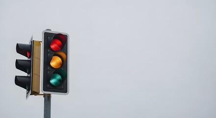 A traffic light displaying a red light, indicating stop, against a plain overcast sky.