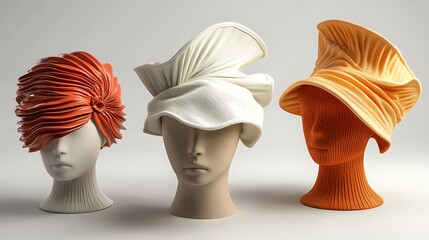 Elegant mannequin heads display vibrant orange, crisp white, and sunny yellow artistic hats