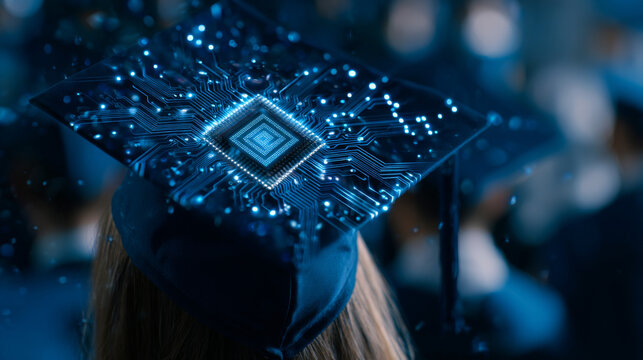 AI education or machine learning background. Abstract digital tech bg. AI chip and graduate hat in blue with light neon effects. Artificial Intelligence concept. Low poly wireframe vector illustration - Powered by Adobe