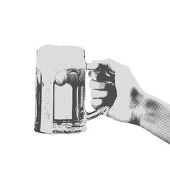 Retro Dithered Art of a Hand Toasting with a Beer Mug. Monochrome Graphic PNG