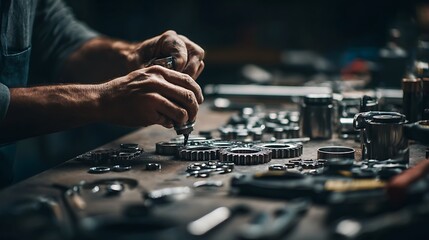 A skilled craftsman meticulously assembles intricate metal gears on a cluttered workbench.