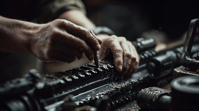 Close-up of hands working on a rifle, possibly cleaning or repairing it.