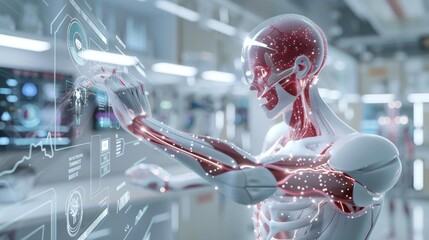 Futuristic humanoid interacting with transparent digital interface, medical visualization and technology integration for human health.