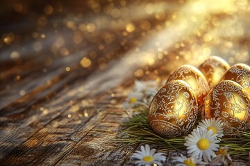 Eggs lie on young grass, ornaments, circles, stripes, spring flowers, sun