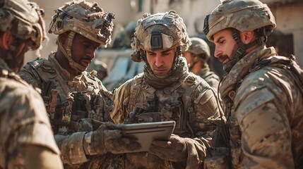 Soldiers huddle, reviewing a tablet amidst a dusty, urban environment.